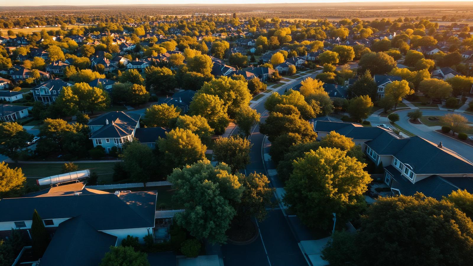 Aerial view of a tree-lined residential community at golden hour